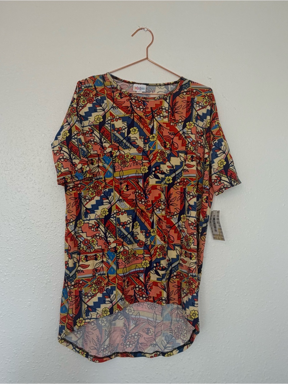 LuLaRoe Coral, Navy & Yellow Floral Geometric Top